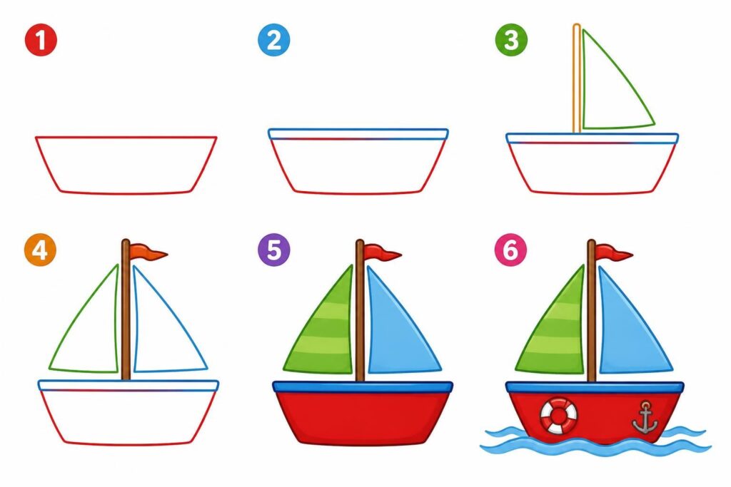 apprenez à dessiner un bateau facilement grâce à notre guide étape par étape en couleur, idéal pour les enfants et les débutants.
